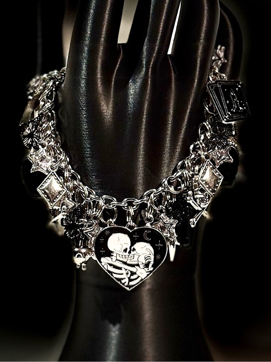 Jewelry - Silver Tone Gothic Charm Bracelet with Heart Skeleton Pendant